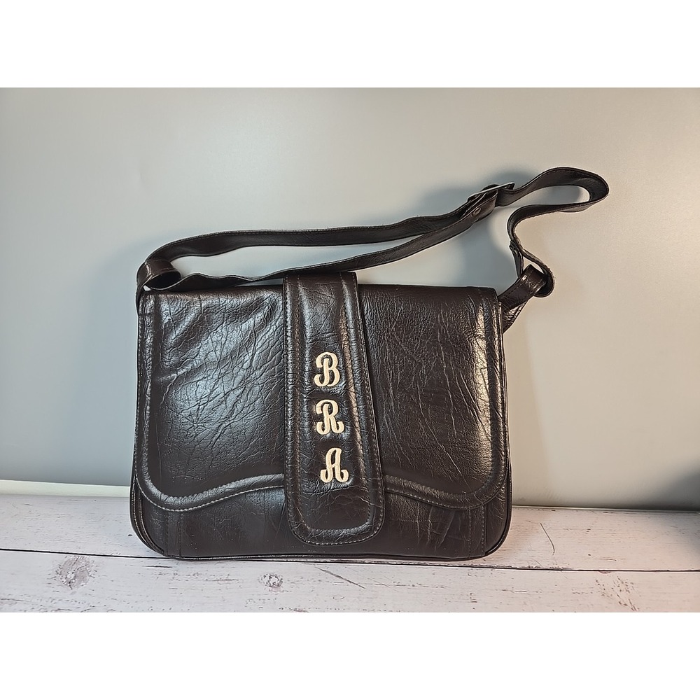 Vintage Ambassador Designs Brown Leather Shoulder Bag Purse Embroidered "JME"